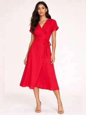 Lauren Ralph Lauren Red Wrap Dress Linen Blend Midi Elegant Classic